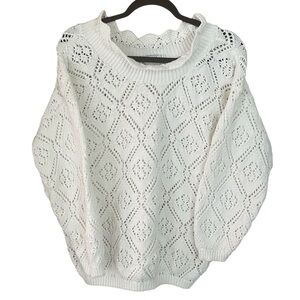 Vintage Mondala Made in USA Ivory 100% Cotton Diamond Eyelet Knit Sweater M/L